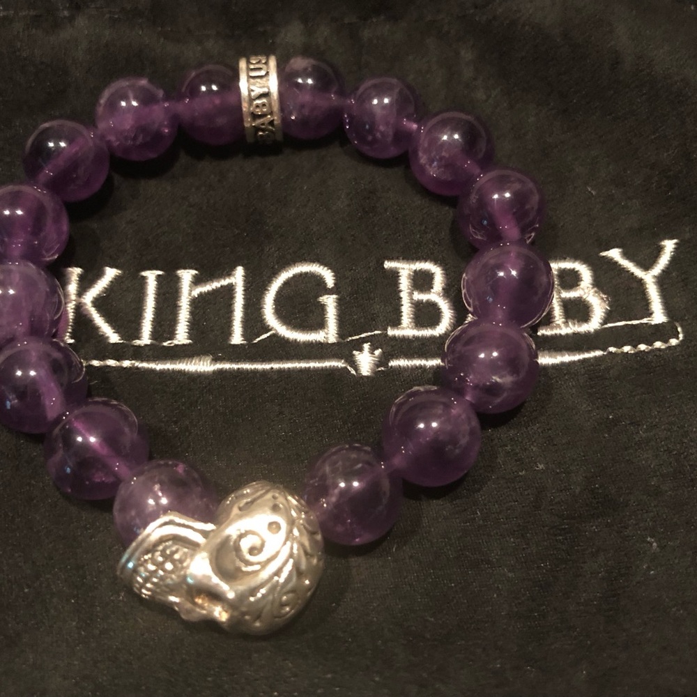 ❌SOLD❌❤️KING BABY STUDIO 10mm Amethyst Bead Silver Skull Bracelet $365 - Picture 2 of 15